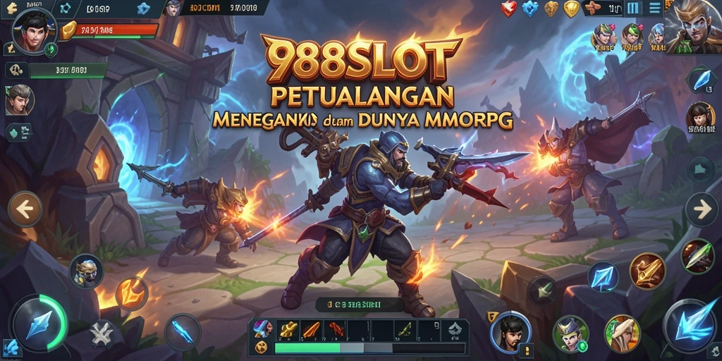 Screenshot gameplay 988SLOT menampilkan pertarungan epik di dunia MMORPG.