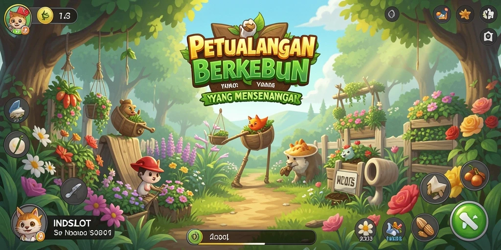 Screenshot INDSLOT menampilkan kebun yang subur dan tanaman yang beragam.