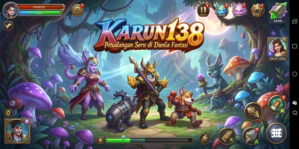 Screenshot gameplay menunjukkan karakter berpetualang di hutan fantastis.