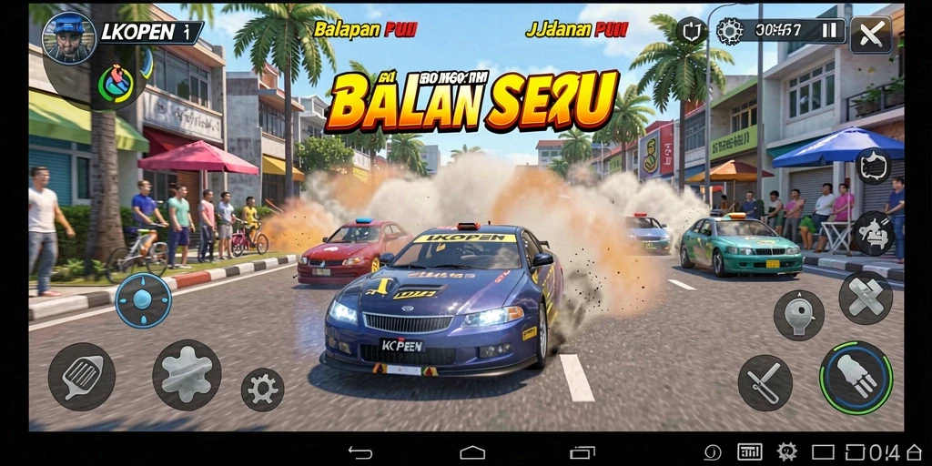 Screenshot menunjukkan aksi balapan seru dengan mobil kencang.