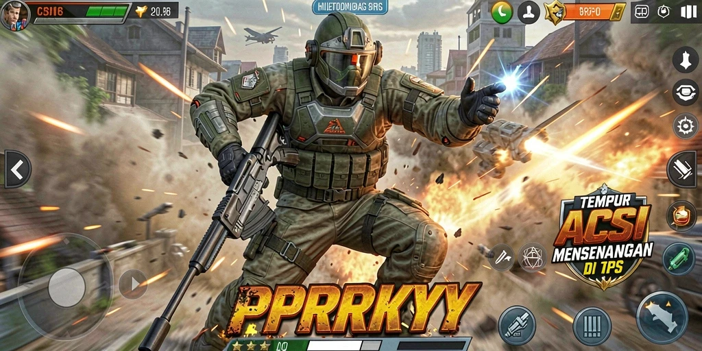Screenshot utama gameplay <strong>PPRRYY</strong> menampilkan aksi tembak-menembak intens.