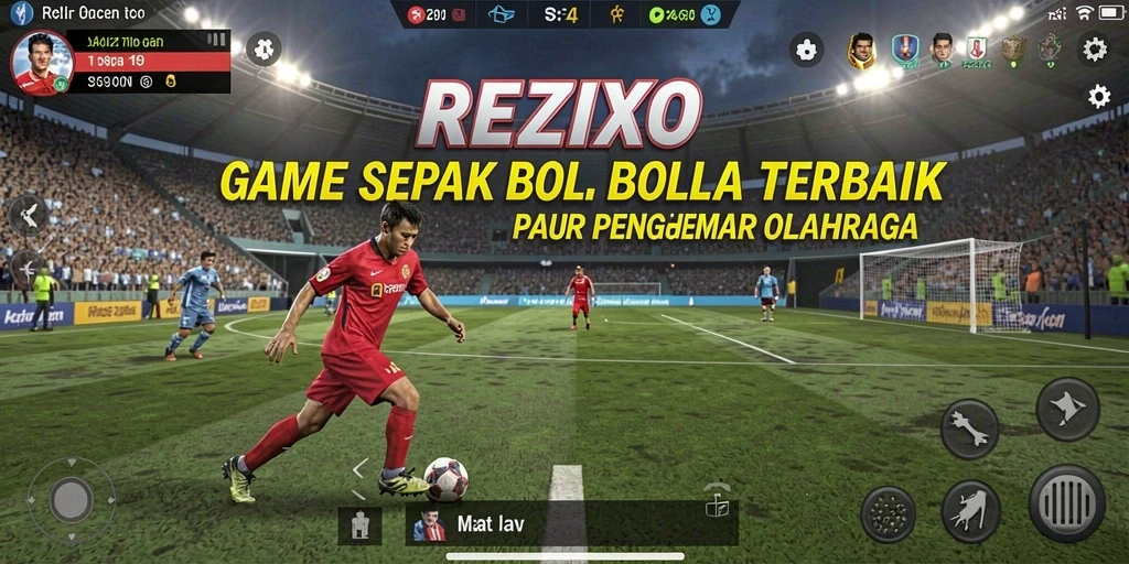 Tampilan aksi gameplay seru di lapangan sepak bola REZIXO.