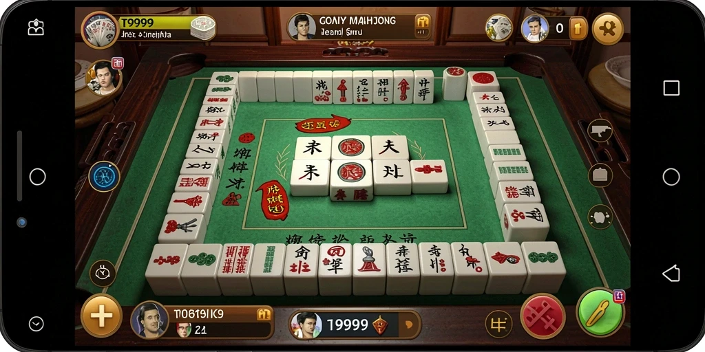 Tangkapan layar gameplay utama dari T9999 menampilkan suasana Mahjong yang menarik.