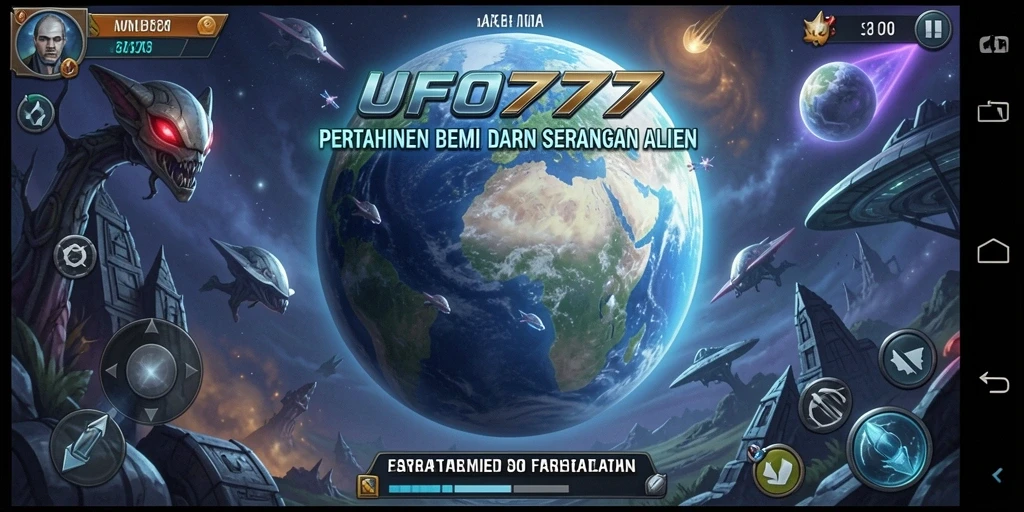 Screenshot gameplay UFO777 menampilkan pertempuran seru melawan alien.